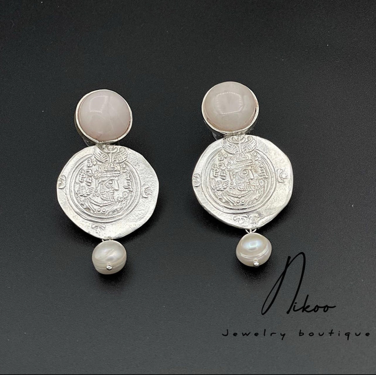 Sterling Silver Coin Handmade Earrings with Rose Quartz Stones and Pearls