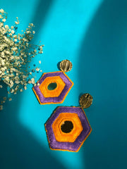 Handmade Embroidered Hexagon Earrings With Purple and Orange Thread