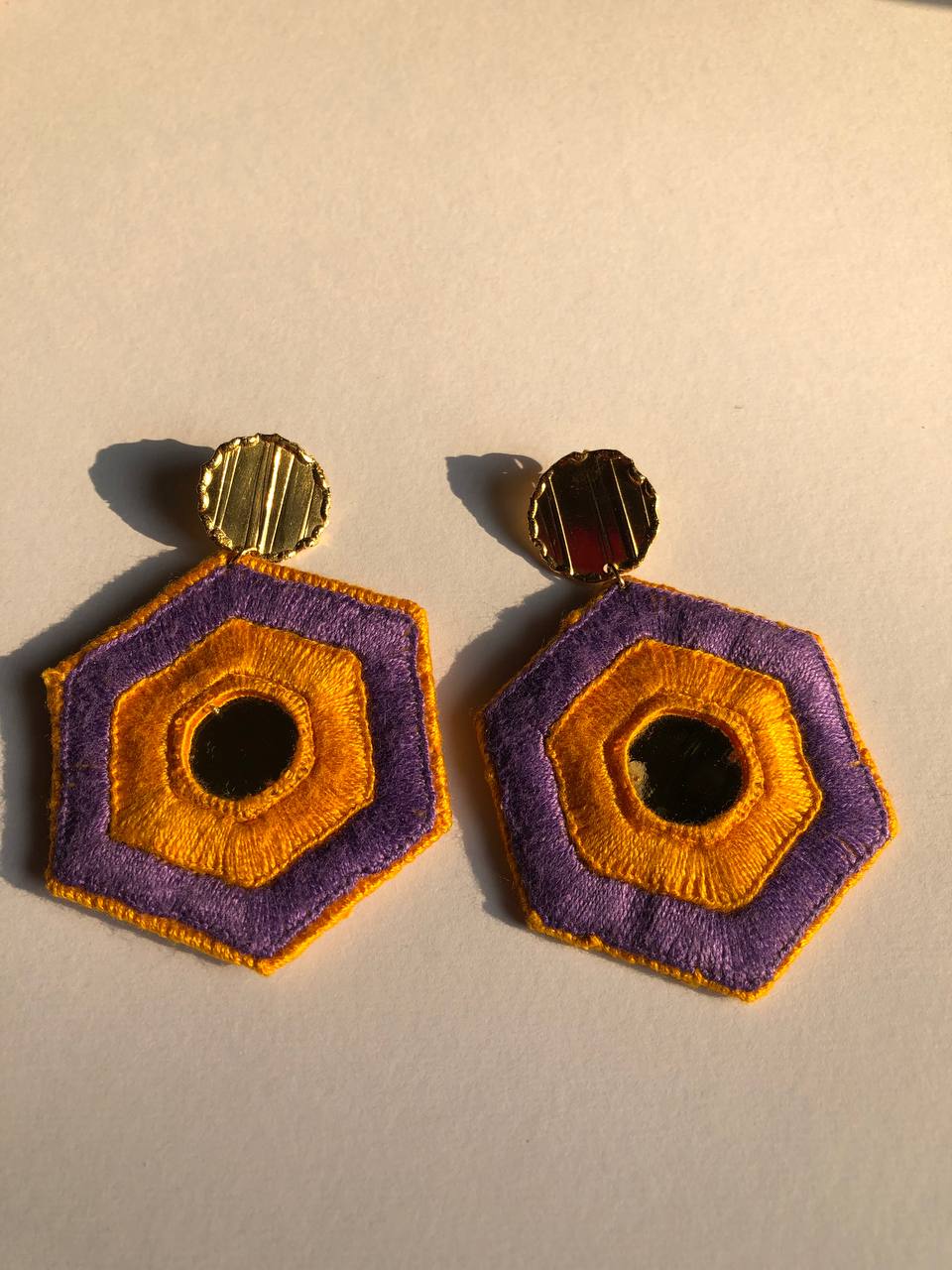 Handmade Embroidered Hexagon Earrings With Purple and Orange Thread