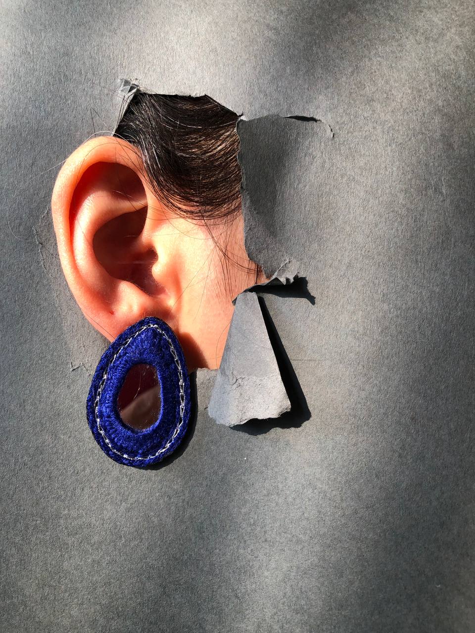 Handmade Embroidered Oval Earrings With Navy Thread and mirror