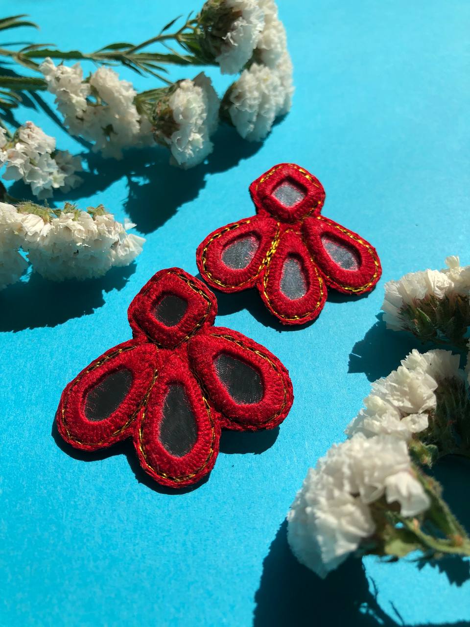 Handmade Embroidered Earrings With Red Thread and mirror