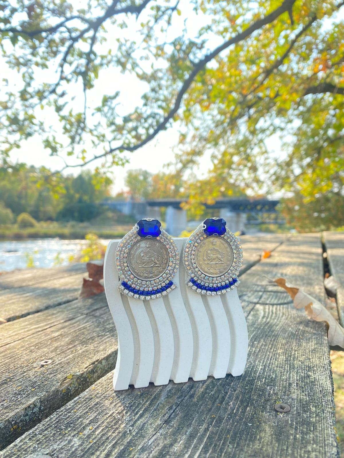 Samin Blue Handmade Earrings (Pahlavi Coin with high Quality Stones)