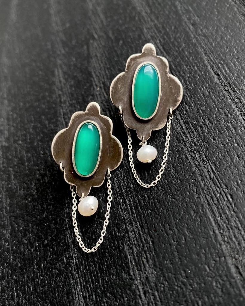 Handmade Silver  Earrings with Green Opal stone and Pearl “Jayran”