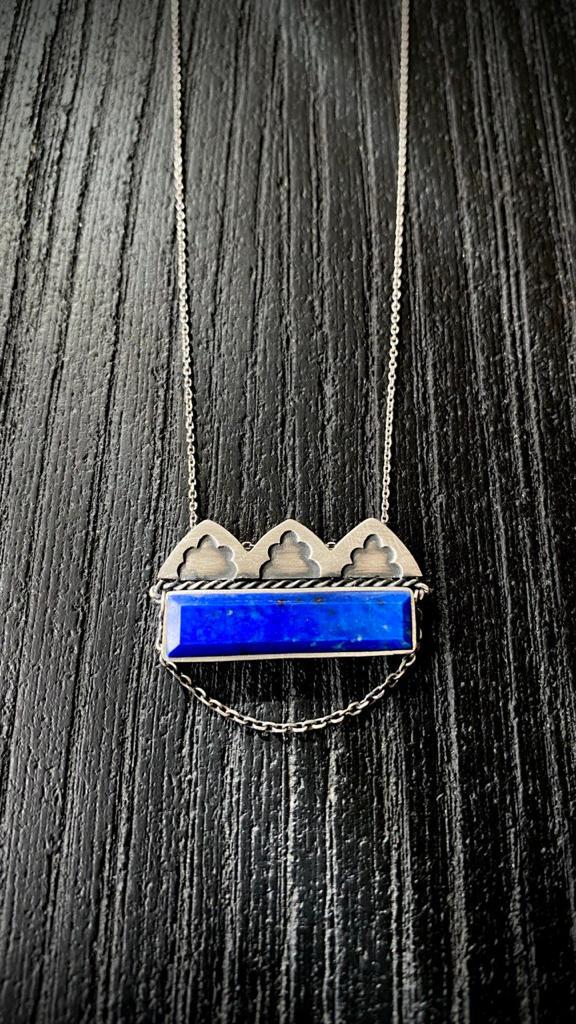Handmade Rectangular Silver Necklace with Azure Stone