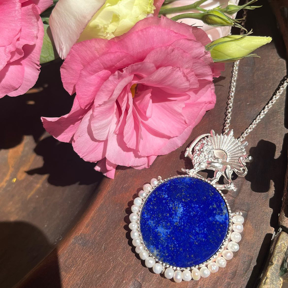 Silver handmade Blue Lapis Necklace with pearls