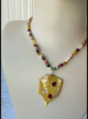 Natural dried tree leaf covered with resin and real stones necklace, very light weight