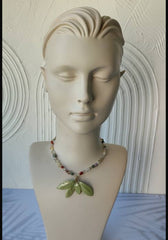 Natural dried tree leaf covered with resin and real stones necklace, very light weight