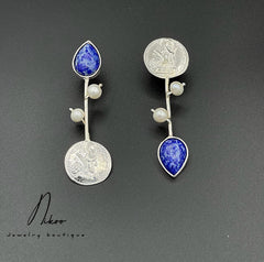Sterling Silver Coin Handmade Earrings with Lapis Stone and pearls