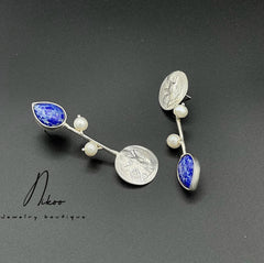 Sterling Silver Coin Handmade Earrings with Lapis Stone and pearls