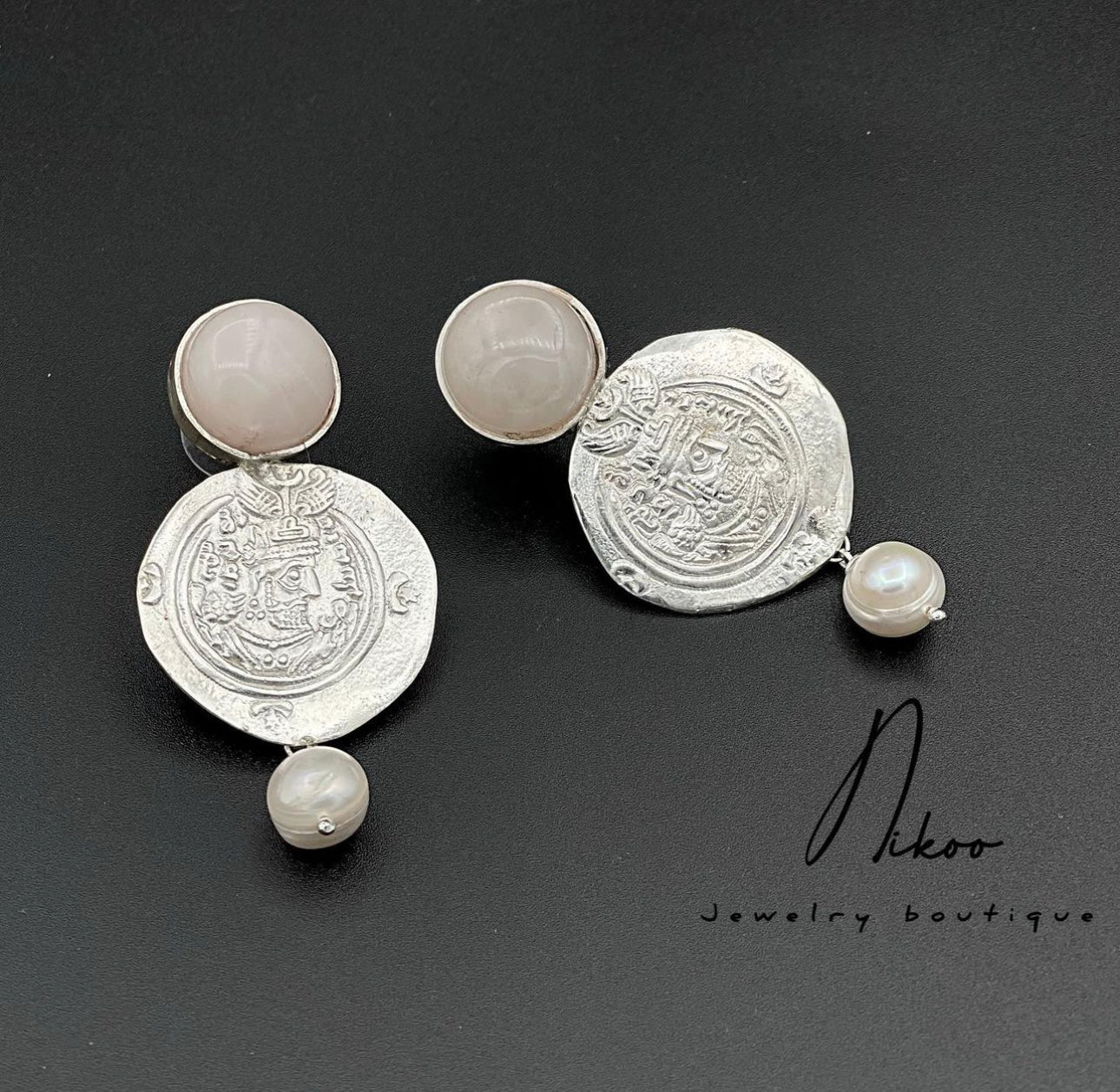 Sterling Silver Coin Handmade Earrings with Rose Quartz Stones and Pearls