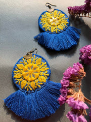 Handmade Embroidered Earrings With Blue And Yellow Thread