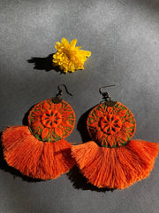 Handmade Embroidered Earrings With Green And Orange Thread