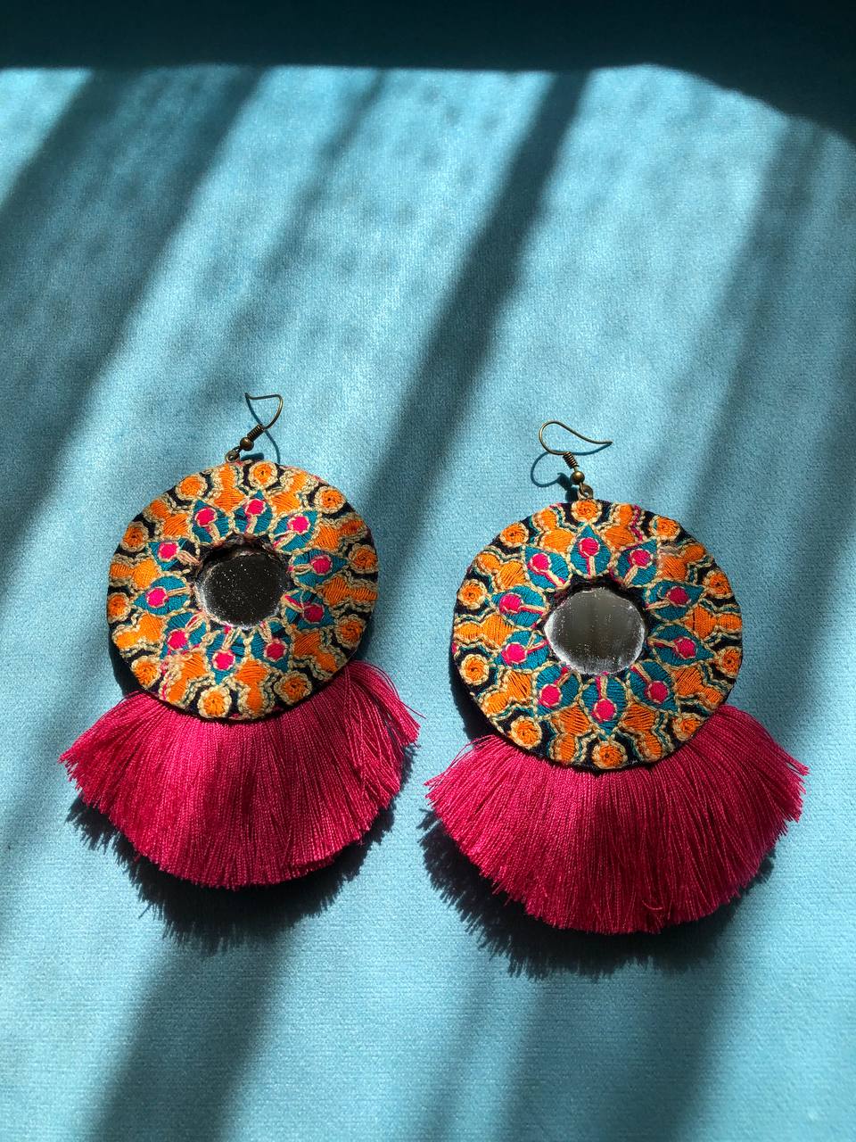 Handmade Embroidered Earrings With Natural Thread