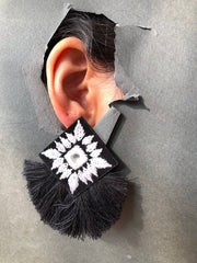 Handmade Embroidered Earrings With Black And White Thread