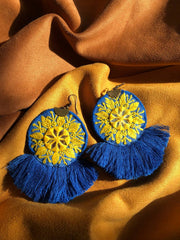 Handmade Embroidered Earrings With Blue And Yellow Thread