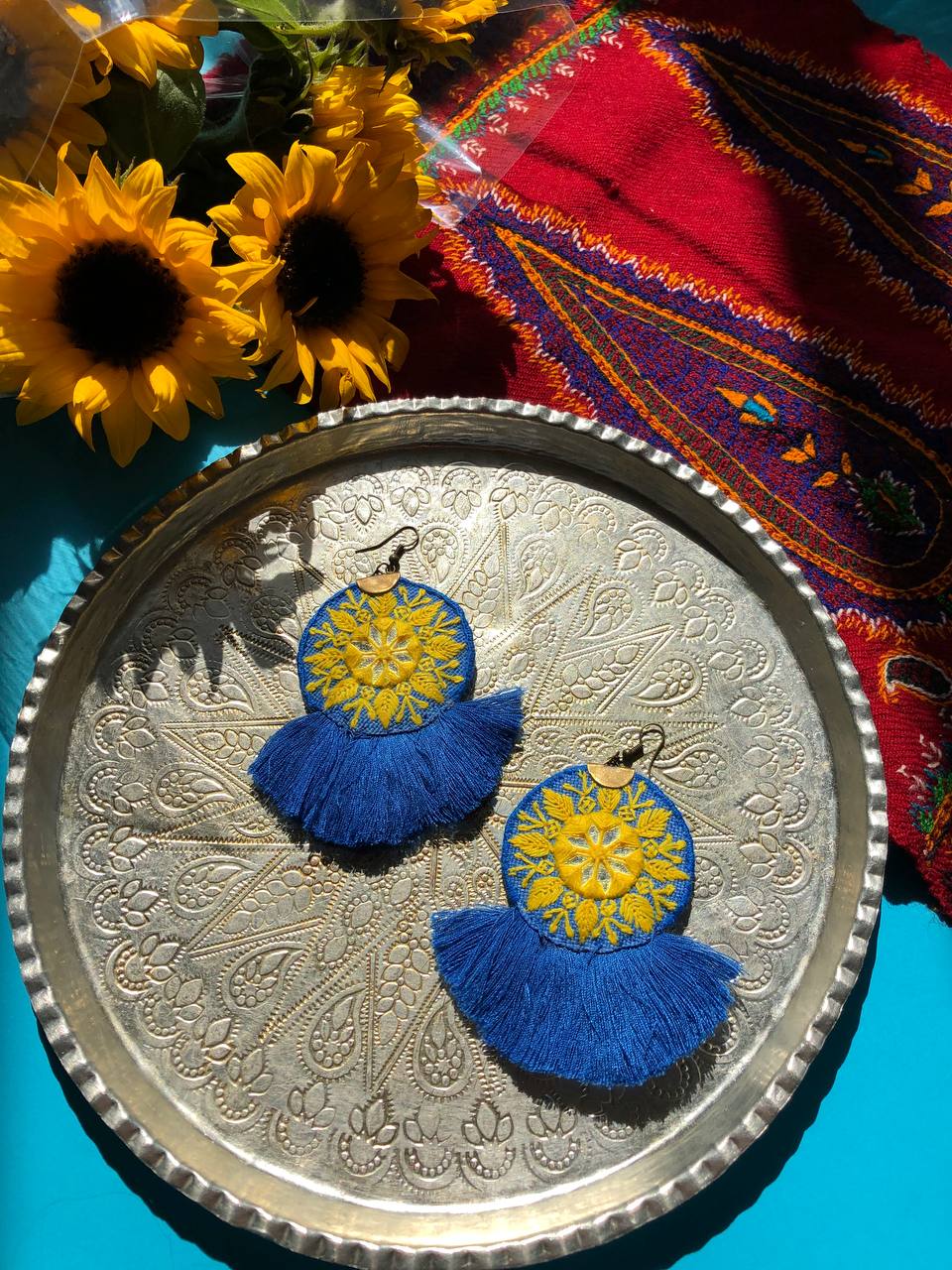 Handmade Embroidered Earrings With Blue And Yellow Thread