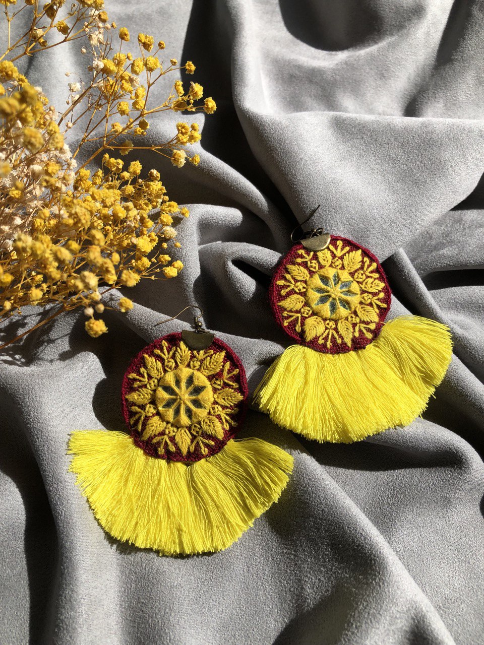 Handmade Embroidered Earrings With Red And Yellow Thread