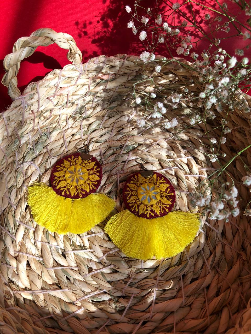 Handmade Embroidered Earrings With Red And Yellow Thread