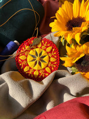 Handmade Embroidered Circular Necklace With Yellow and Red Thread