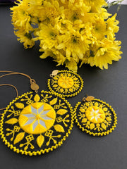 Handmade Embroidered Circular Necklace With Yellow and Black Thread