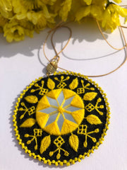 Handmade Embroidered Circular Necklace With Yellow and Black Thread