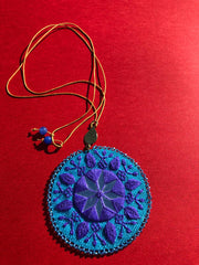 Handmade Embroidered Circular Necklace With Blue and Purple Thread