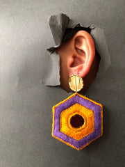 Handmade Embroidered Hexagon Earrings With Purple and Orange Thread