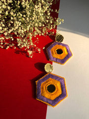 Handmade Embroidered Hexagon Earrings With Purple and Orange Thread