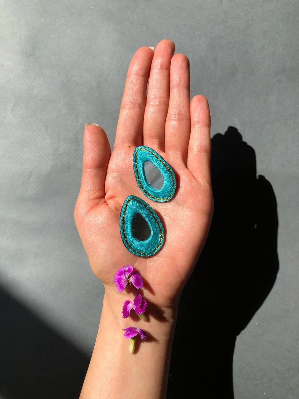 Handmade Embroidered Oval Earrings With Turquoise Thread and mirror
