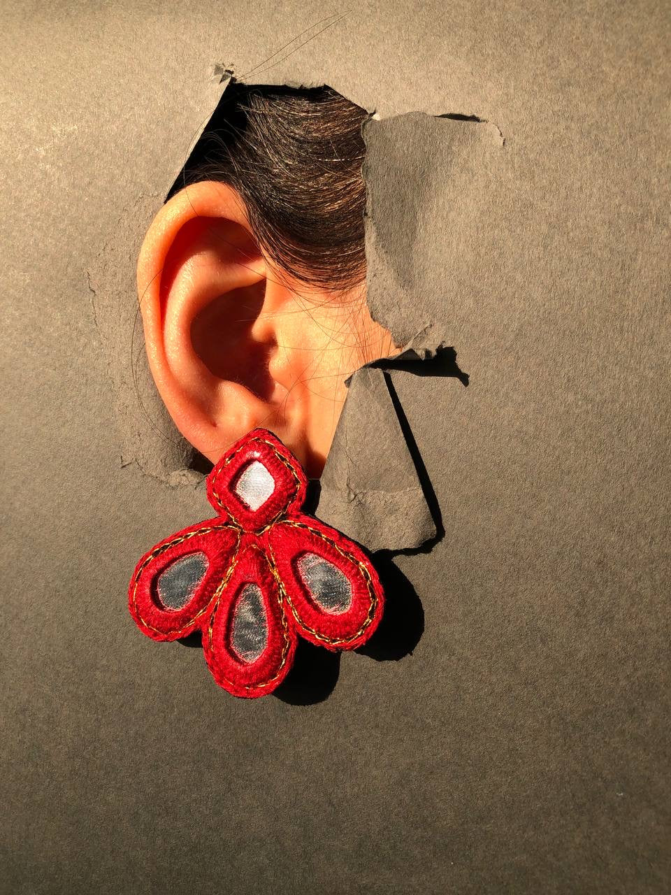 Handmade Embroidered Earrings With Red Thread and mirror