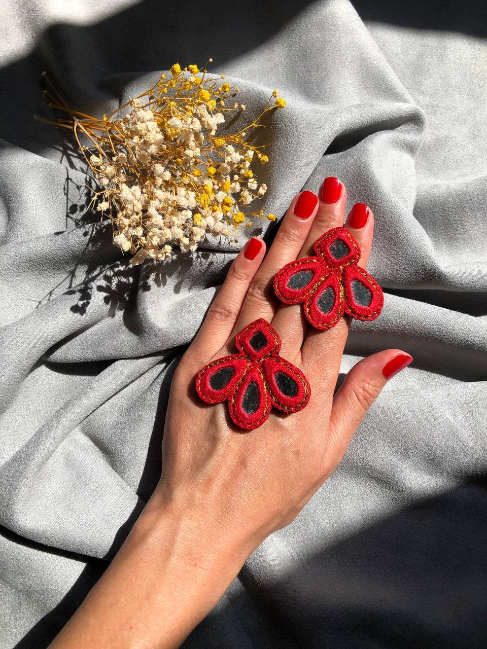 Handmade Embroidered Earrings With Red Thread and mirror