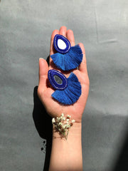 Handmade Embroidered Oval Earrings With Navy Thread and mirror