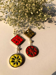 Handmade Embroidered Earrings With Yellow, Red, Green Thread and Pearl