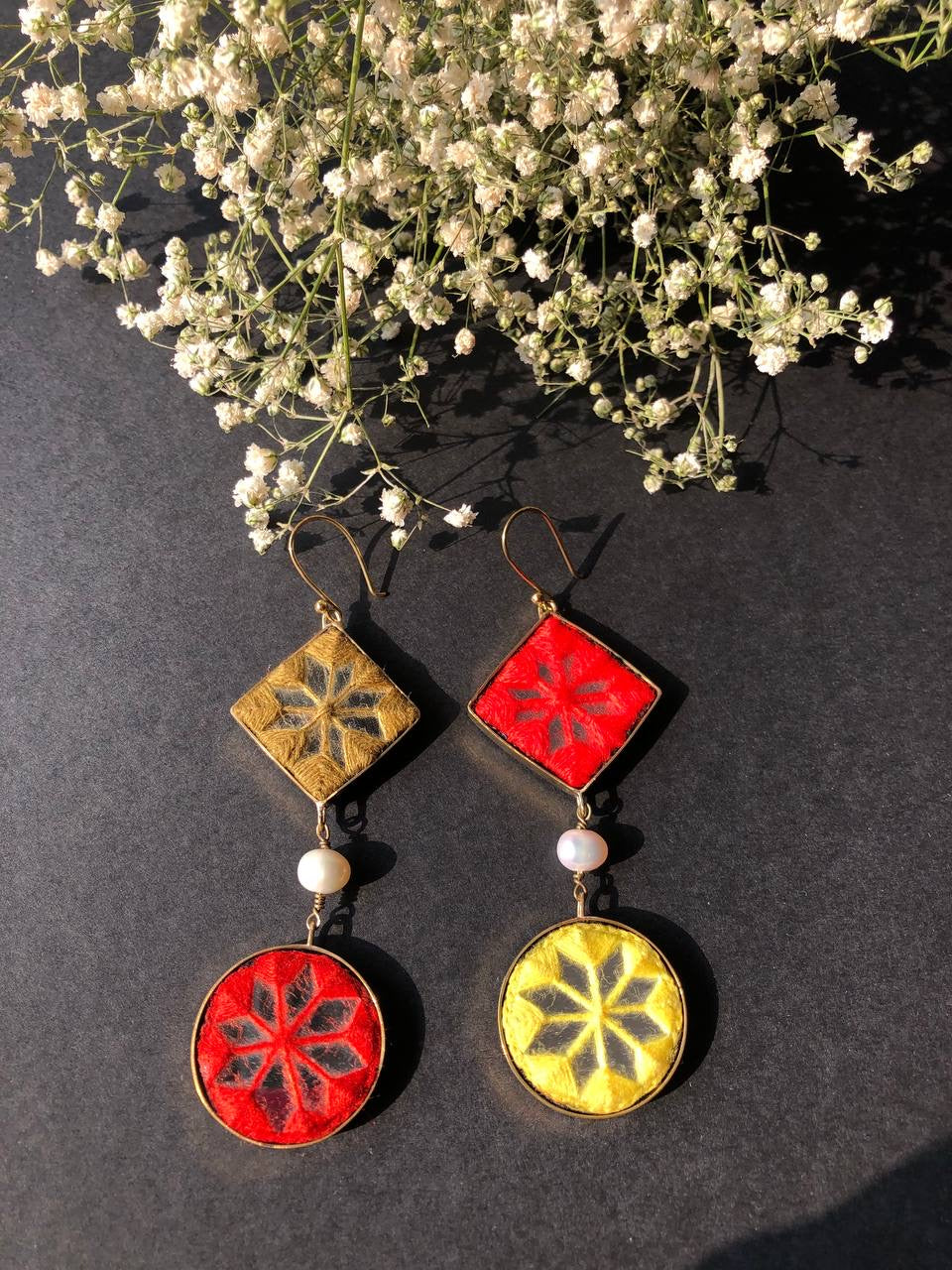 Handmade Embroidered Earrings With Yellow, Red, Green Thread and Pearl