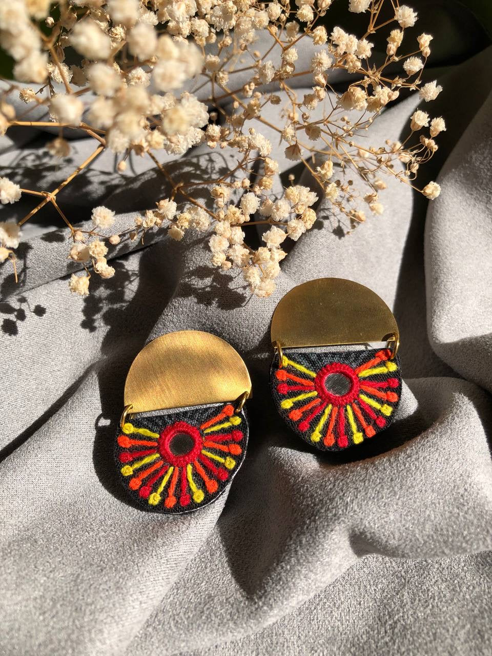 Handmade Embroidered Semi Circular Earrings With Multi color Thread