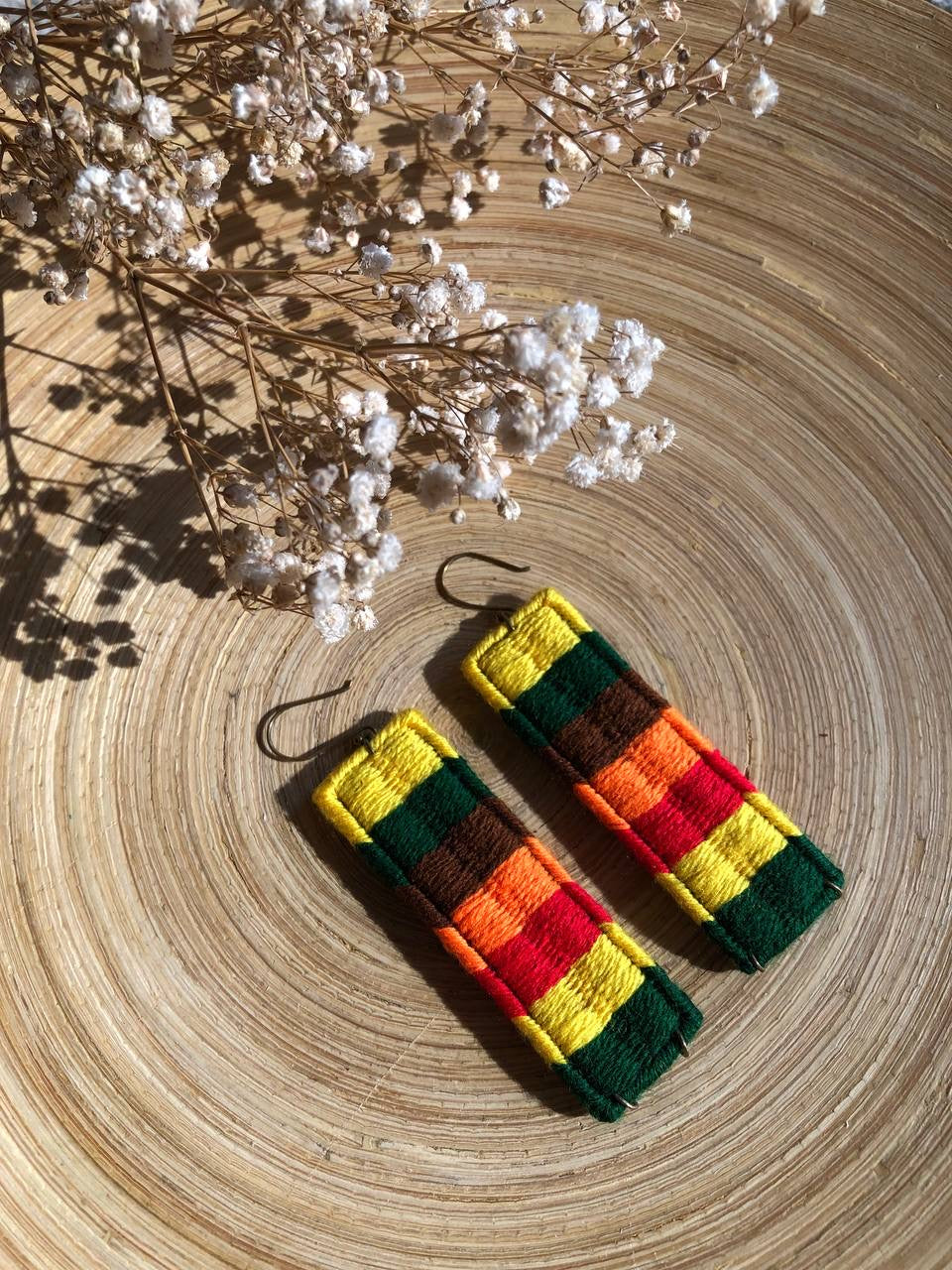 Handmade Embroidered Rectangle Earrings With Multi color Thread