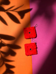 Handmade Embroidered Square Earrings With Red Thread