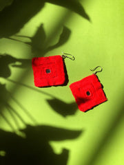 Handmade Embroidered Square Earrings With Red Thread
