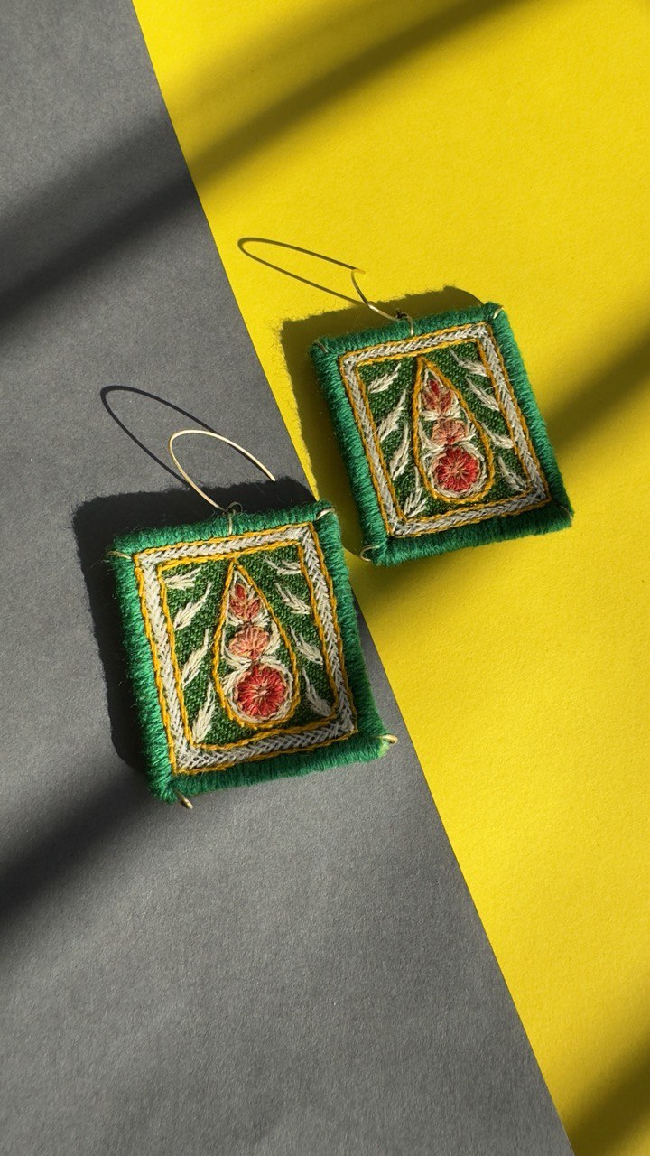 Handmade Embroidered Earrings With Multi Color Thread (Green)