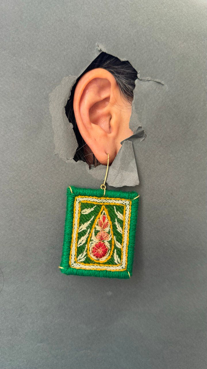 Handmade Embroidered Earrings With Multi Color Thread (Green)