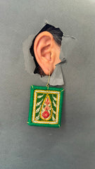 Handmade Embroidered Earrings With Multi Color Thread (Green)