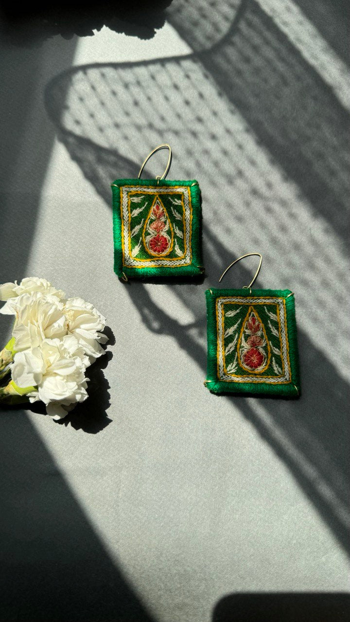 Handmade Embroidered Earrings With Multi Color Thread (Green)