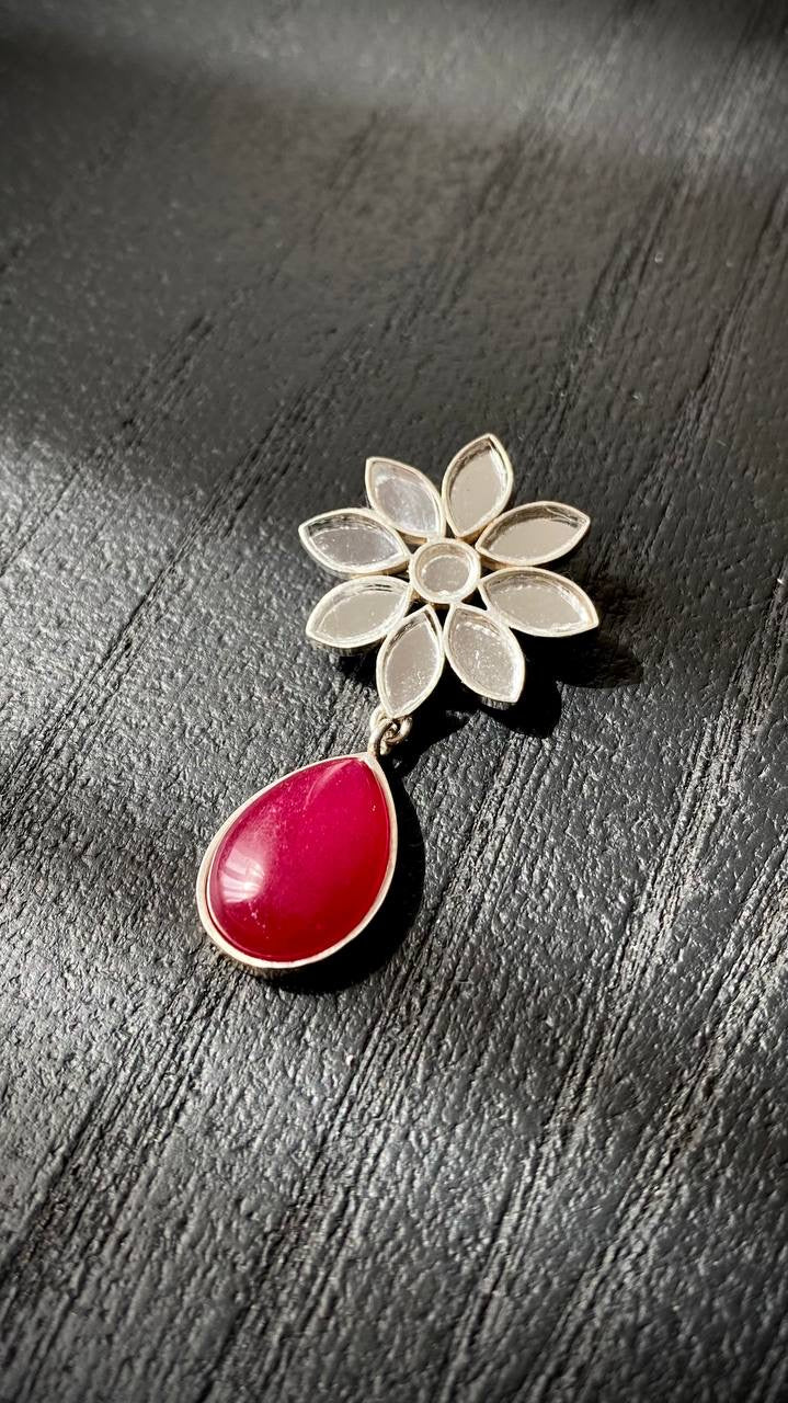 Handmade Brooch With Mirror and Red Stone