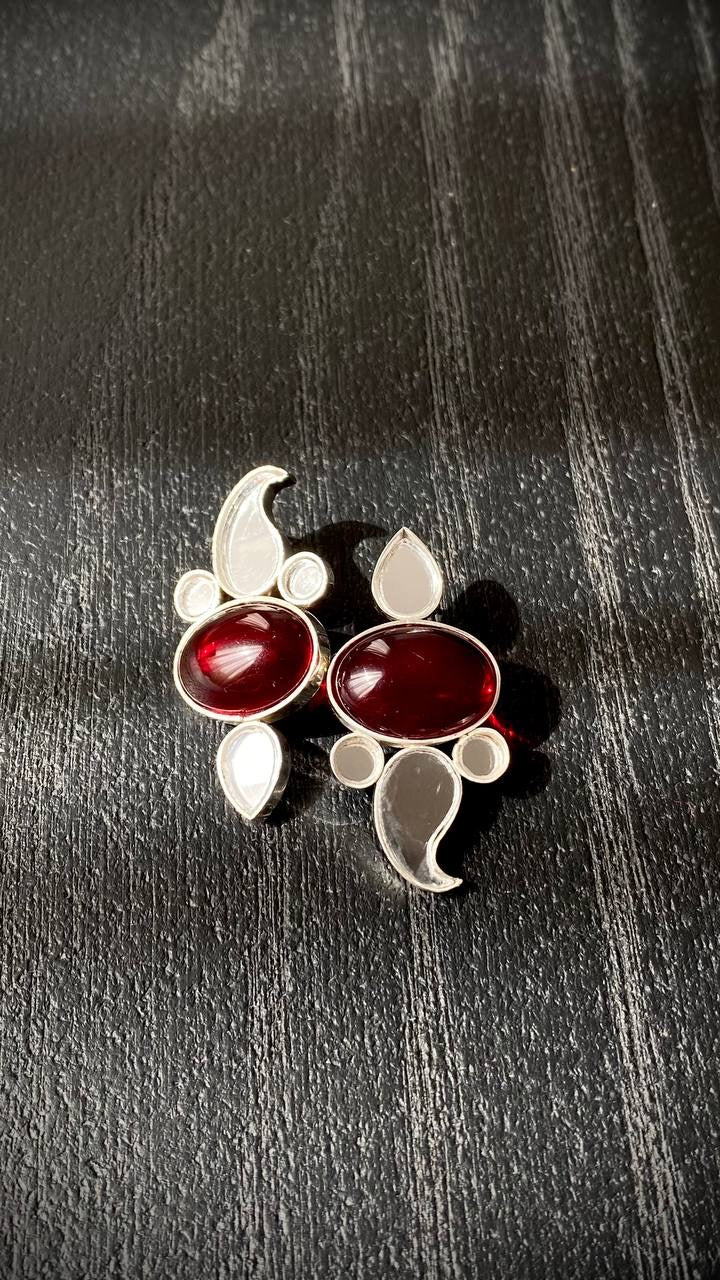 Handmade Earrings With Mirror and Red Stone