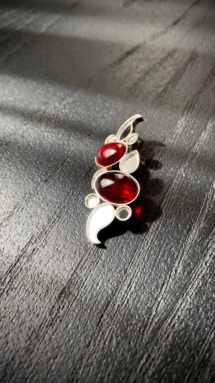 Handmade Earrings With Mirror and Red Stone