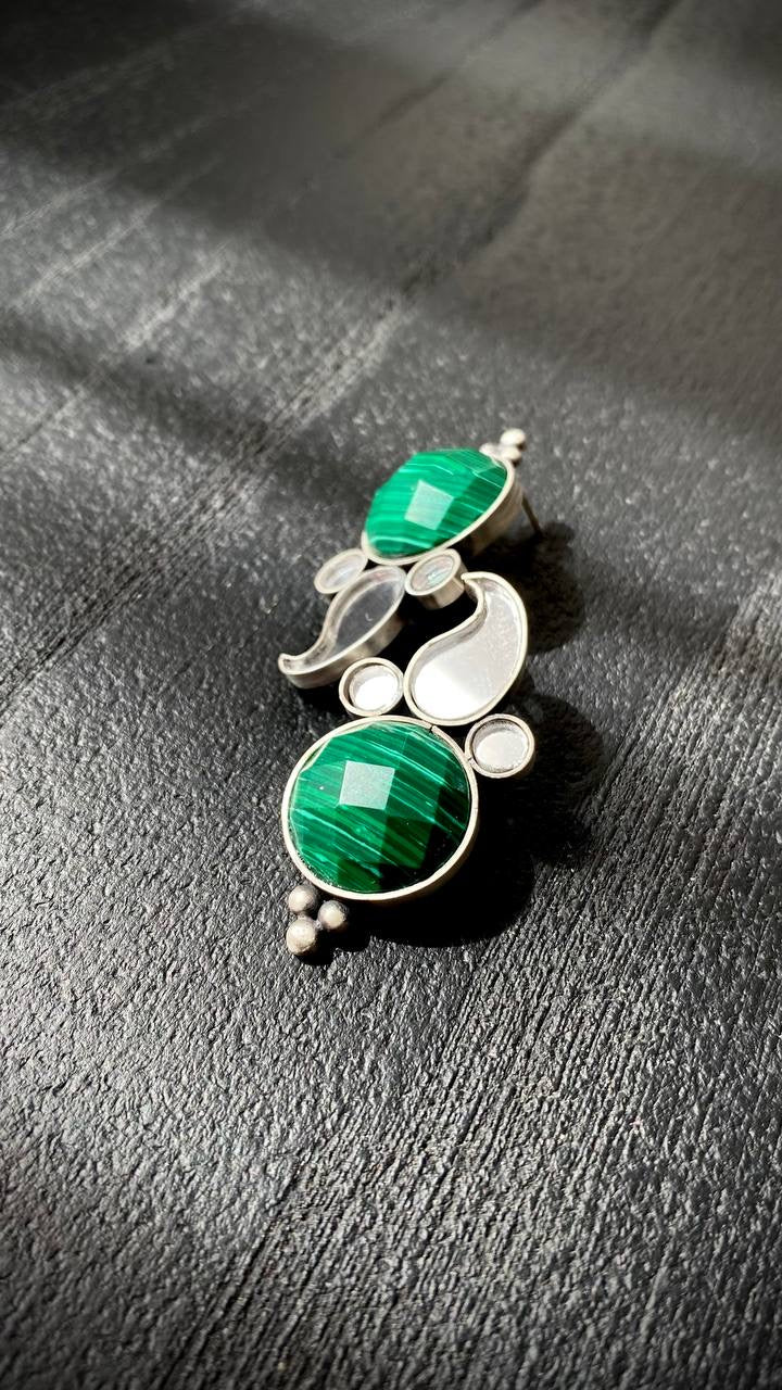 Handmade Earrings With Mirror and Green Stone