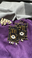 Handmade Embroidered Earrings With Black Thread and Pearls