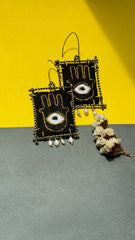 Handmade Embroidered Earrings With Black Thread and Pearls