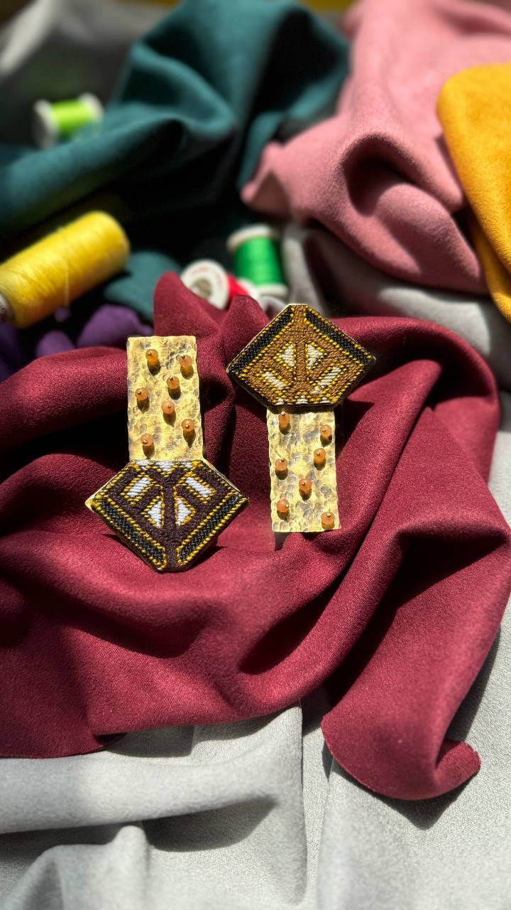 Handmade Embroidered Earrings With Cream and Brown Thread