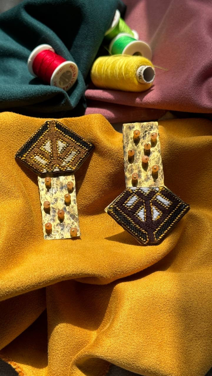 Handmade Embroidered Earrings With Cream and Brown Thread